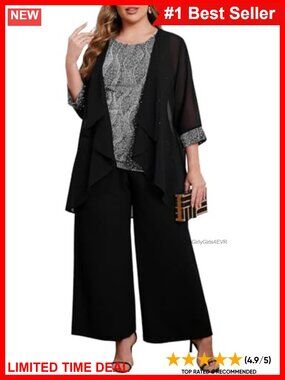 Plus Size 3 Piece Formal Pant Suit Sparkly Chiffon Jacket Wide Leg Pants Set